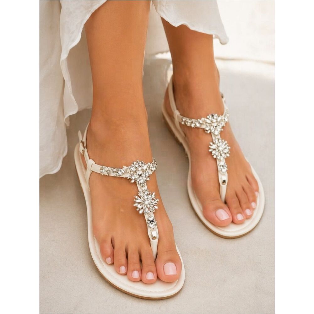 Amazon White Sandals with Crystal T-Strap